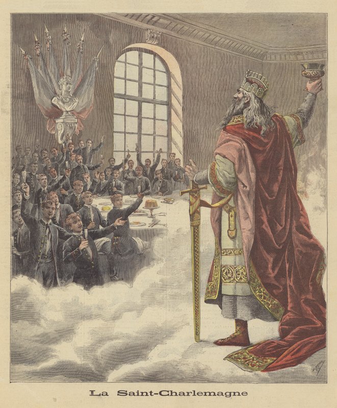 Studenten van de Universiteit van Parijs brengen een toost uit op Karel de Grote door after Henri Meyer