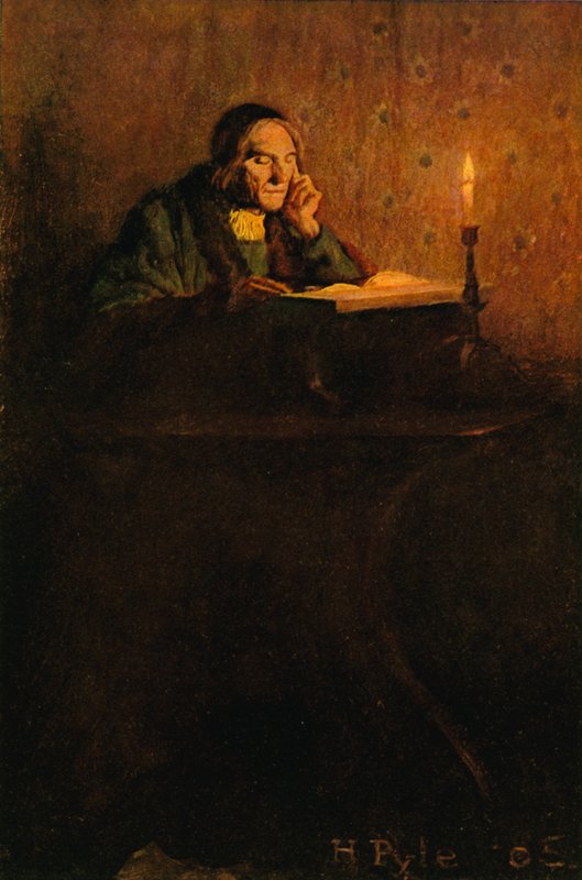 Een nette en verschrompelde heer zat aan een bureau door after Howard Pyle