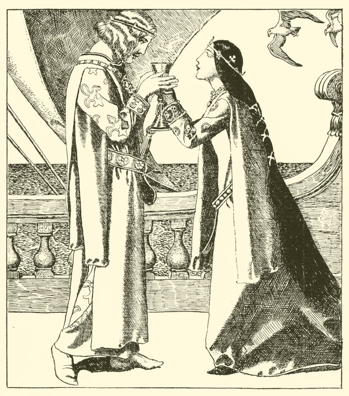 Belle Isoult en Sir Tristram drinken de liefdesdrank door after Howard Pyle