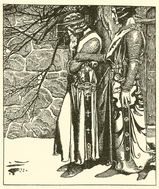Sir Kay onderbreekt de meditatie van Sir Percival door after Howard Pyle