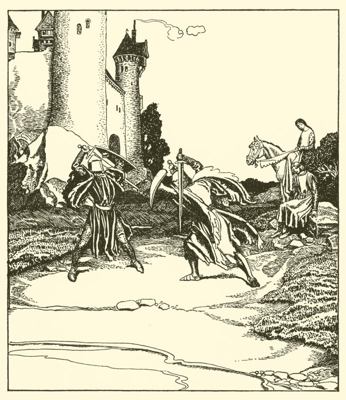 Sir Launcelot vecht met Sir Turquine door after Howard Pyle
