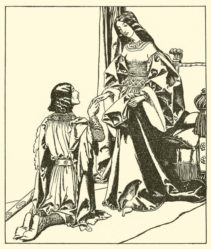 Sir Launcelot begroet Koningin Guinevere door after Howard Pyle
