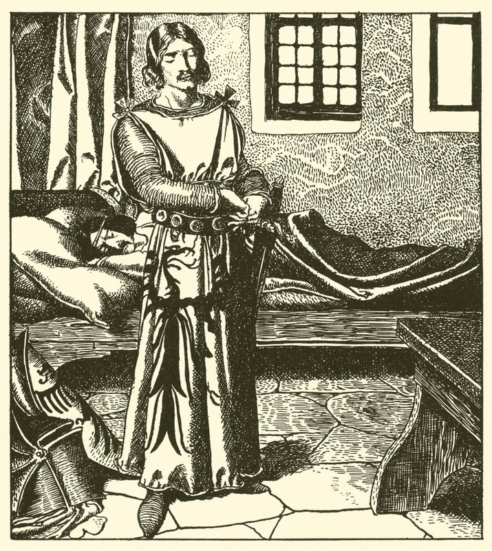 Sir Launcelot neemt de wapenrusting van Sir Kay door after Howard Pyle