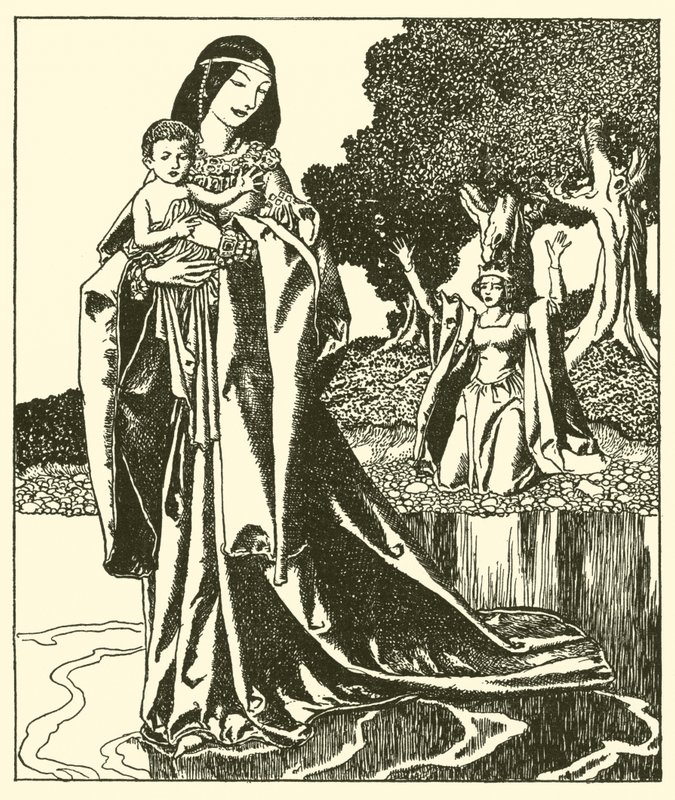 De Dame Nymue draagt Launcelot naar het Meer door after Howard Pyle
