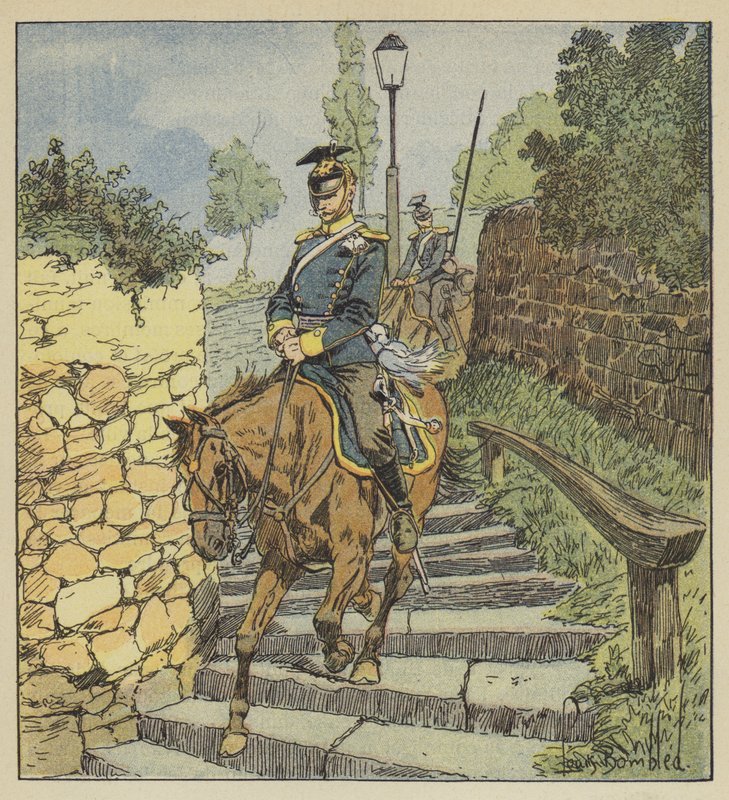 In Châteaudun, Twee uhlanen achtervolgd dalen te paard de stenen trap van 200 treden af door after Louis Charles Bombled
