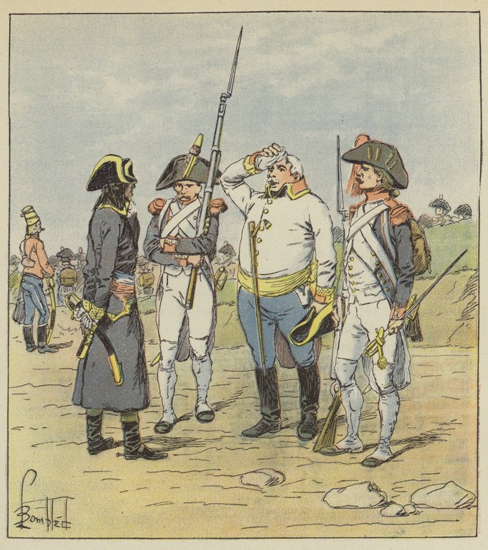 Bonaparte ondervraagt een dikke Oostenrijkse majoor gevangene door after Louis Charles Bombled