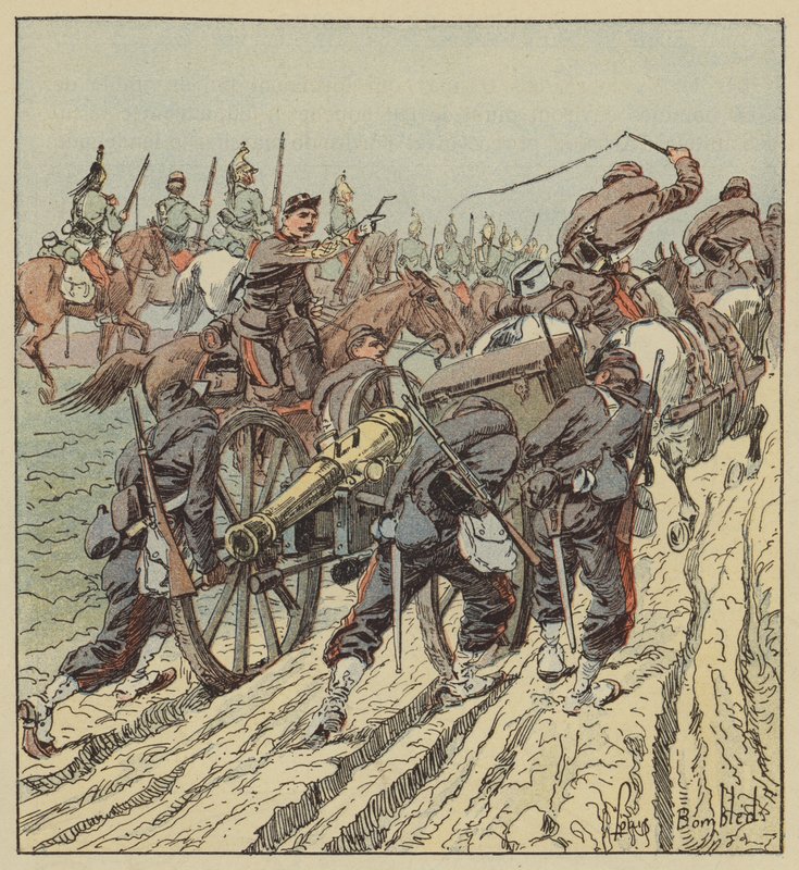 Strijd bij Artenay Terugtrekking van de artillerie onder bescherming van het 6e draken door after Louis Charles Bombled