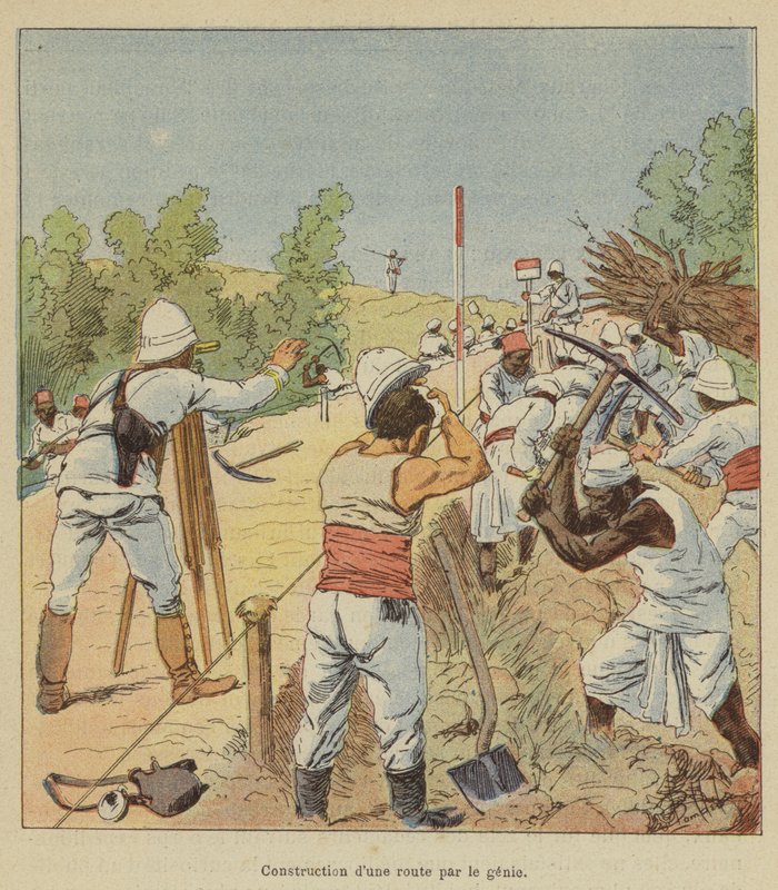 Bouw van een weg door de genie door after Louis Charles Bombled