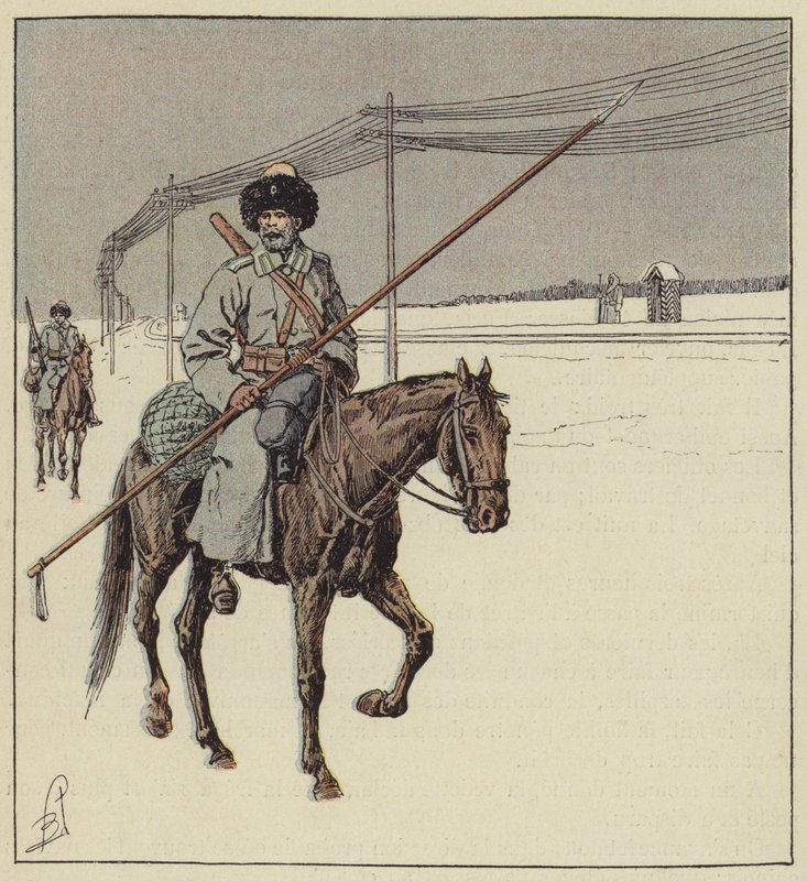 Kozakken van de Amur bewaken de spoorlijn van de Transsiberische spoorlijn door after Louis Charles Bombled