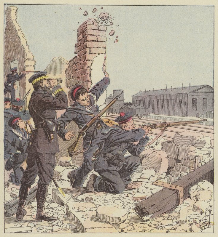 Verdediging van het station van Tien-Tsin door de mariniers door after Louis Charles Bombled