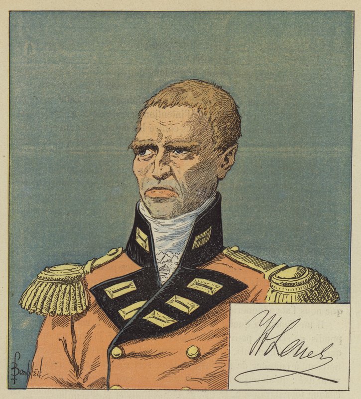 Hudson Lowe naar een tekening van de Nationale Bibliotheek, De handtekening van Lowe door after Louis Charles Bombled