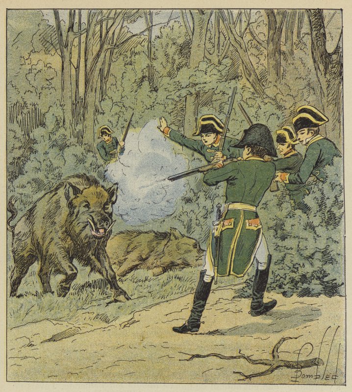 De keizer jaagt op wilde zwijnen in het bos van Marly door after Louis Charles Bombled