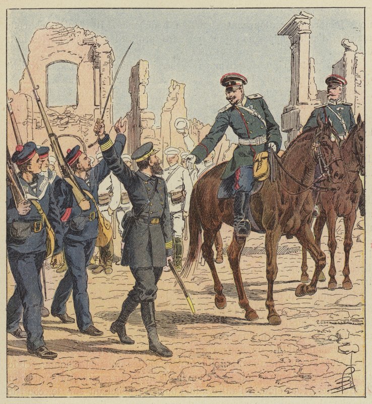 Kapitein de Marolles en generaal Stessel door after Louis Charles Bombled