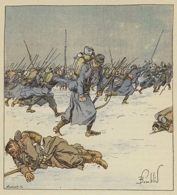 Jager Martin van het 10e bataljon laat zijn bajonet in het lichaam van een Pruisische onderofficier door after Louis Charles Bombled