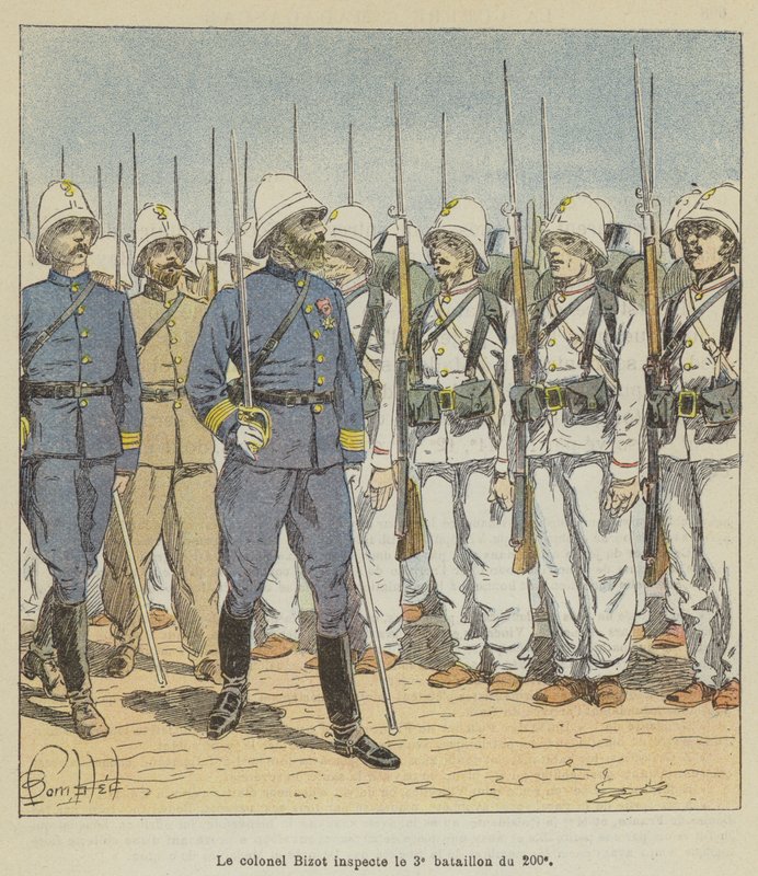 Kolonel Bizot inspecteert het 3e bataljon van de 200e door after Louis Charles Bombled