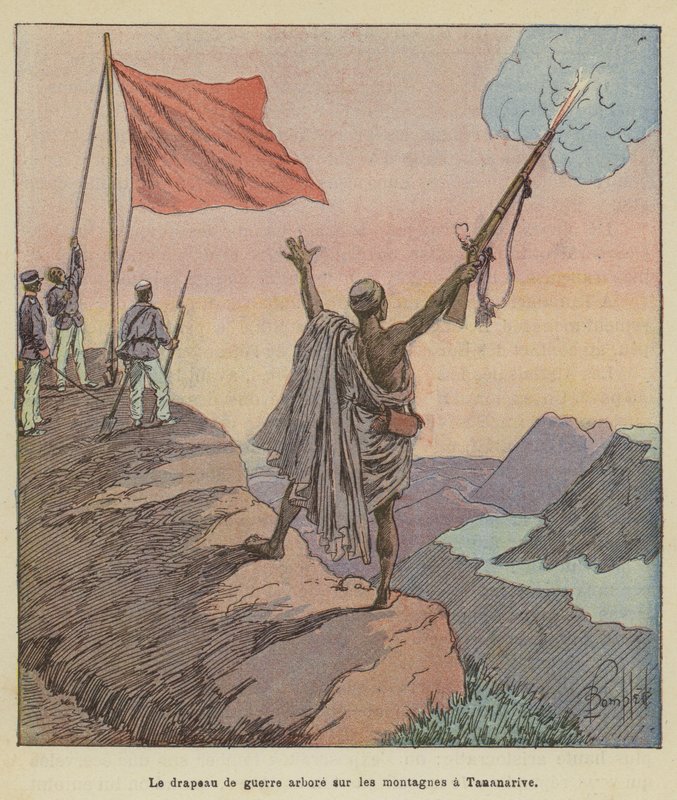 De oorlogsvlag gehesen op de bergen in Tananarive door after Louis Charles Bombled