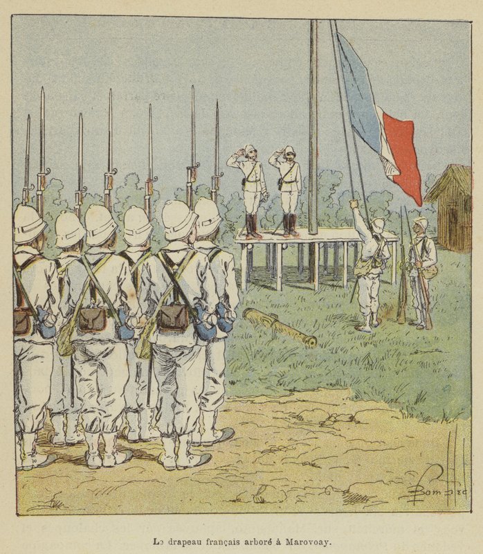 De Franse vlag gehesen in Marovoay door after Louis Charles Bombled