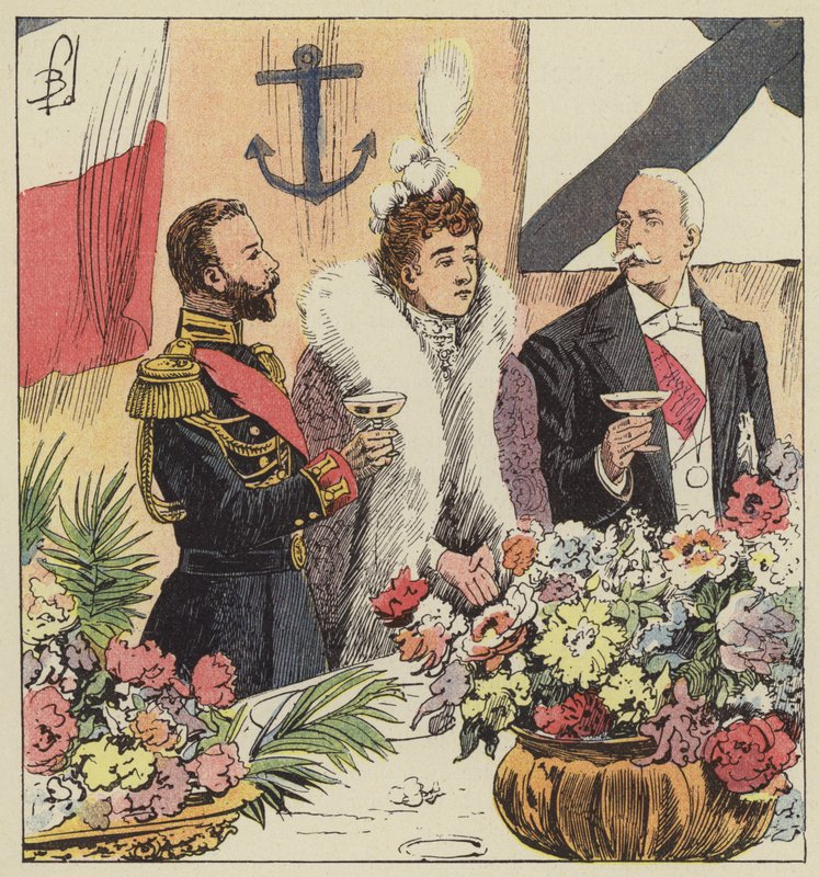 Tsaar Nicolaas II proclameert de Frans-Russische alliantie aan boord van de Pothuau door after Louis Charles Bombled