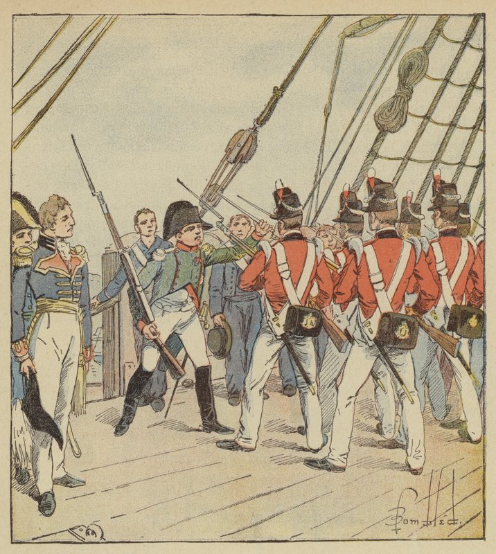 De Keizer geeft de soldaten van de Bellerophon bevelen door after Louis Charles Bombled