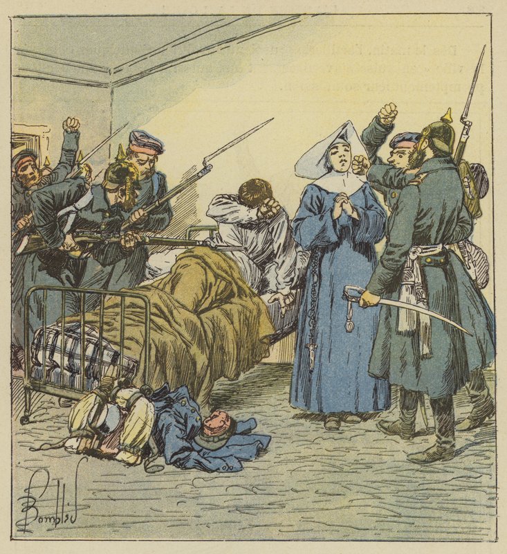 De Pruisen bij de ambulance van boulevard Negrier door after Louis Charles Bombled