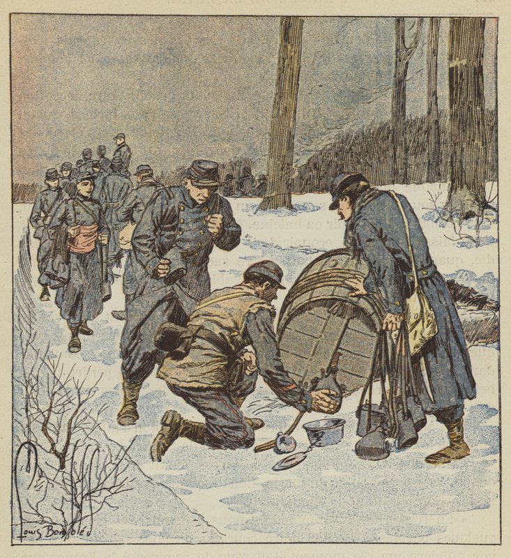 De mariniers vullen hun veldflessen met rum uit een vat door after Louis Charles Bombled
