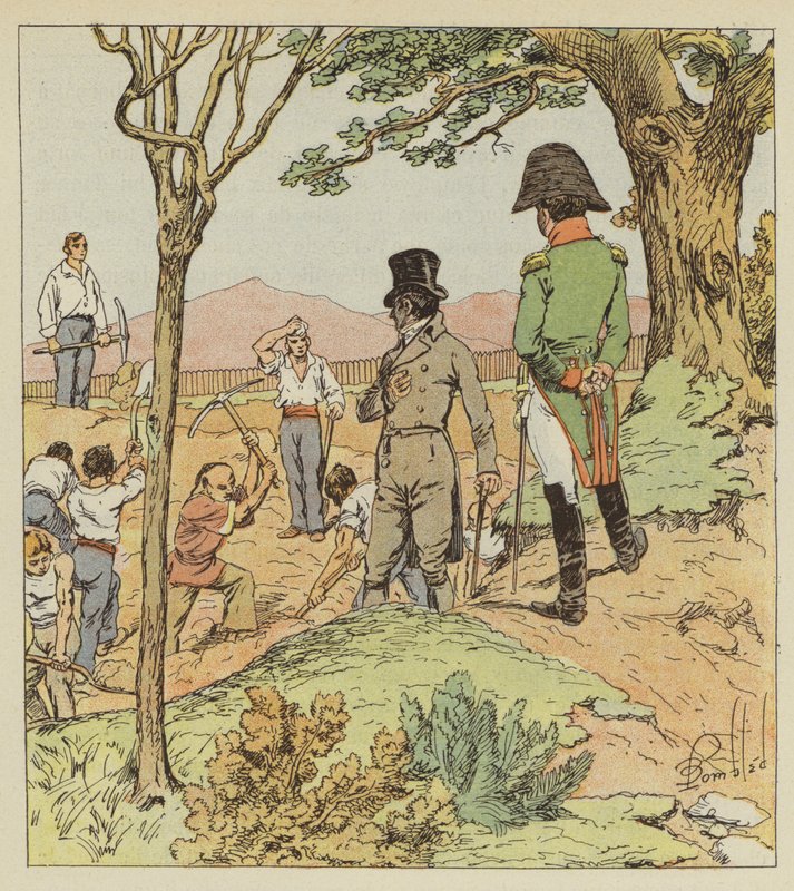 Napoleon onderzoekt de fortificaties die de Gouverneur laat bouwen rond Longwood door after Louis Charles Bombled