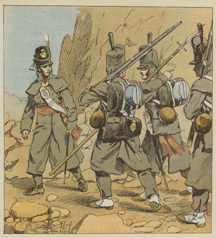 Engelse soldaten van het 1e regiment van de voetwacht, in marskleding, Spanje, 1814 door after Louis Charles Bombled