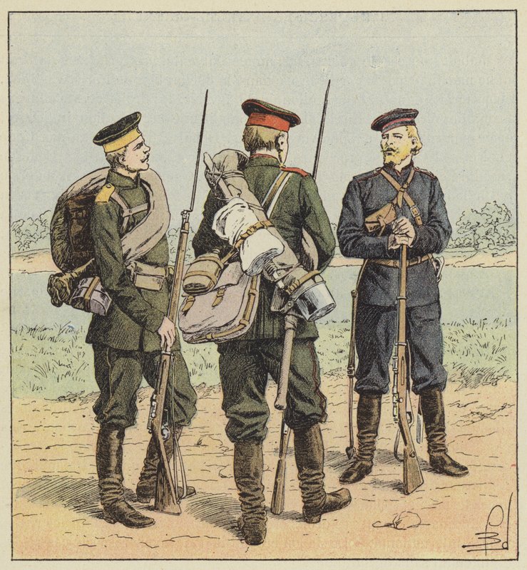 Russische soldaten in velduniform door after Louis Charles Bombled