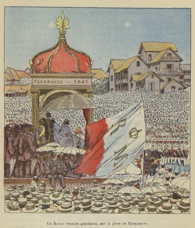 Een Kabar (volksvergadering) op het plein van Tananarive door after Louis Charles Bombled
