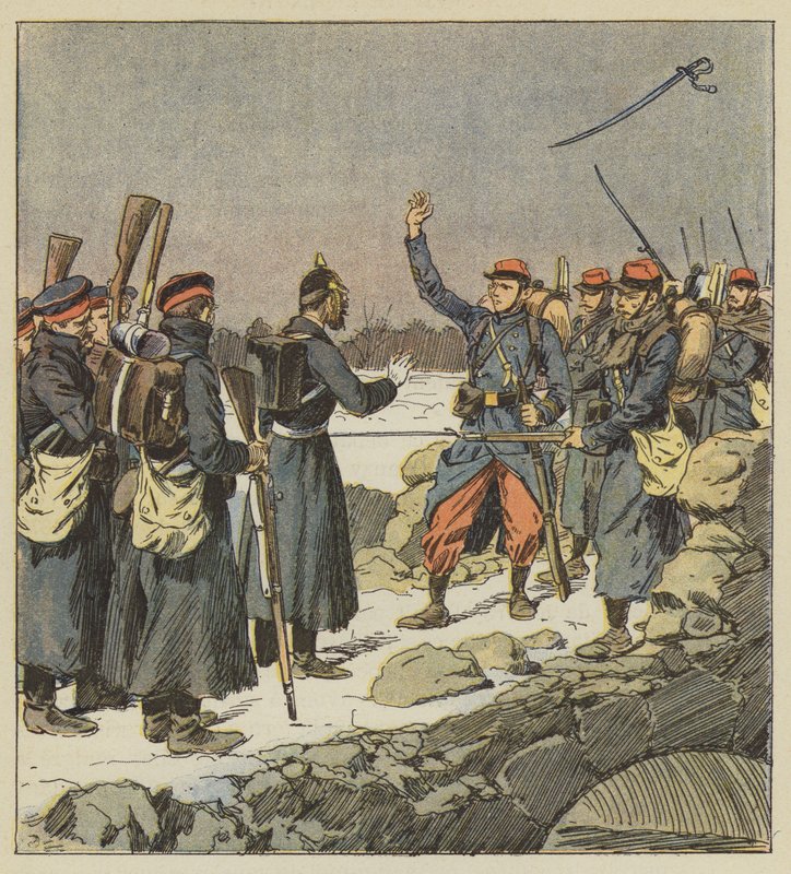 Een Duitse officier geeft zijn zwaard terug aan een Franse korporaal die het in de wind gooit door after Louis Charles Bombled