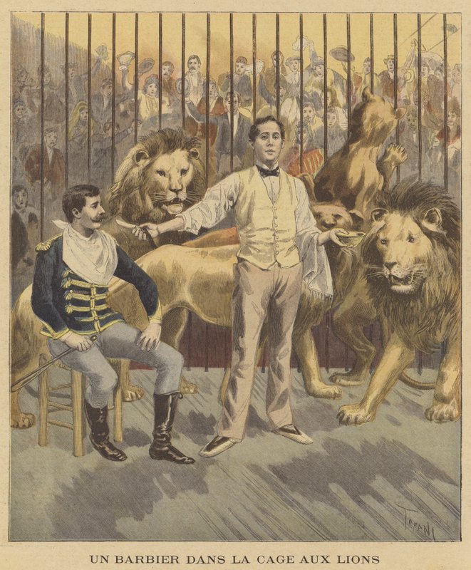 Een barbier in de leeuwenkooi door after Oswaldo Tofani