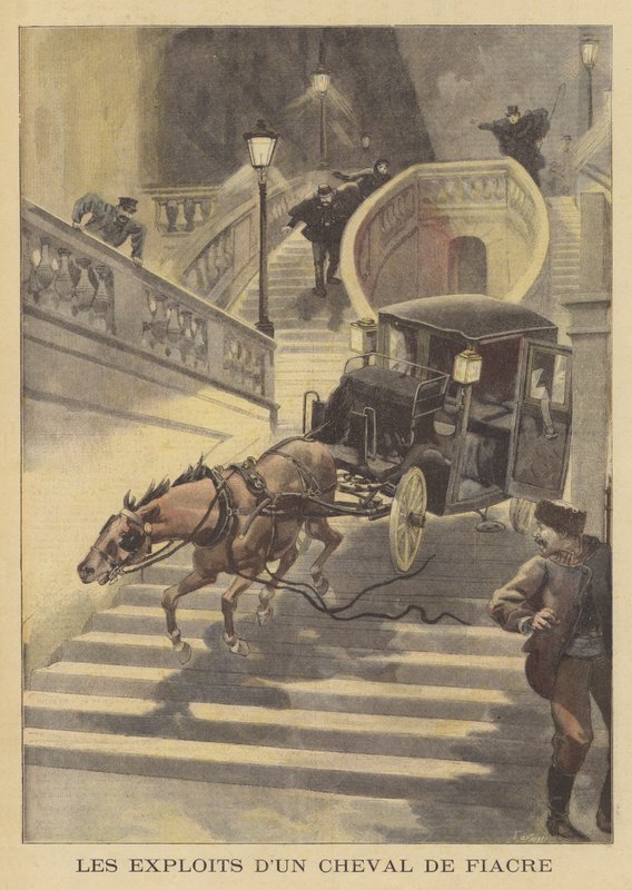 Een paard trekt een koets een trap af in Parijs door after Oswaldo Tofani