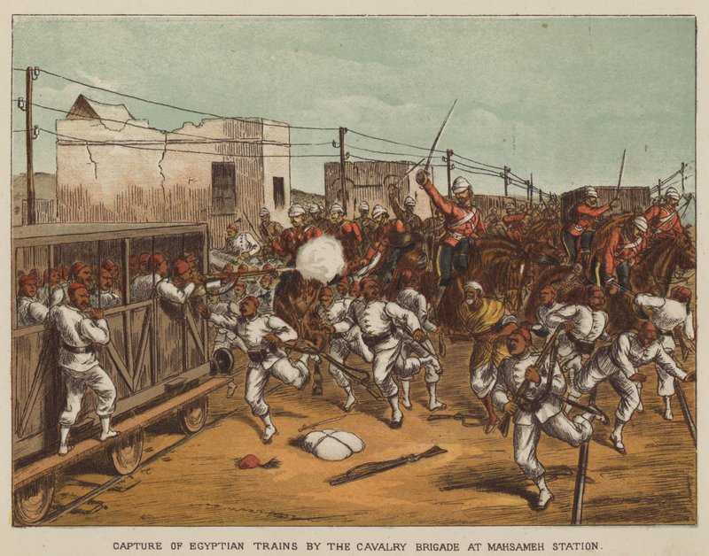 Verovering van Egyptische treinen door de Cavaleriebrigade bij Mahsameh Station door after Richard Simkin