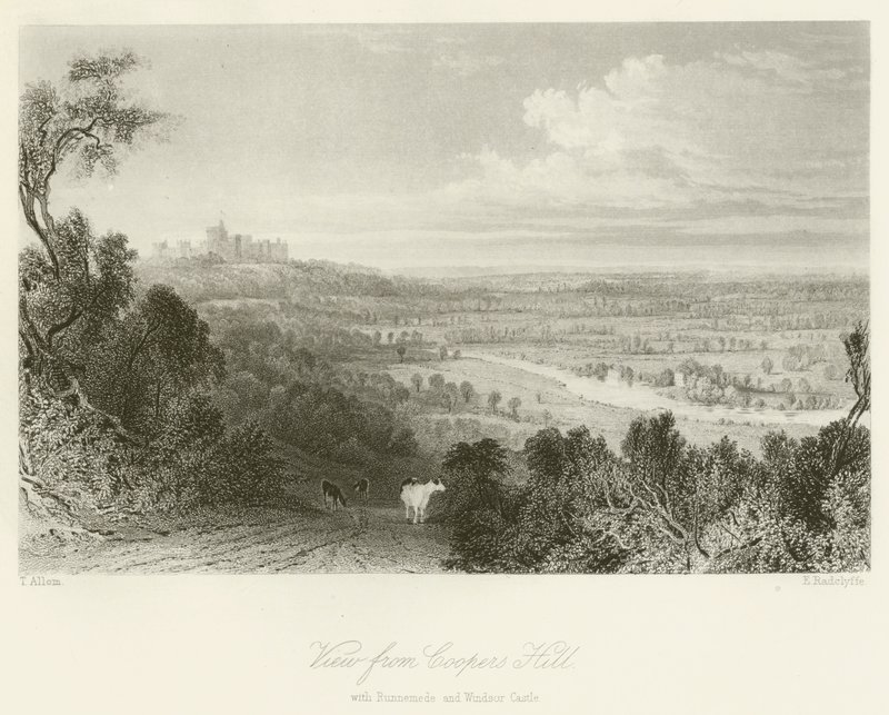 Uitzicht vanaf Coopers Hill, met Runnemede en Windsor Castle door after Thomas Allom