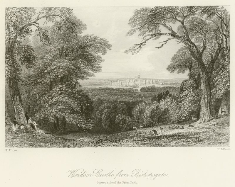 Windsor Castle vanaf Bishopsgate, Surrey zijde van het Grote Park door after Thomas Allom