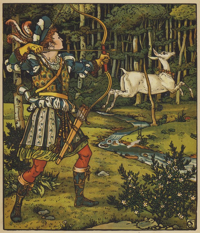Prins Guerrier achtervolgt het hert in het bos door after Walter Crane