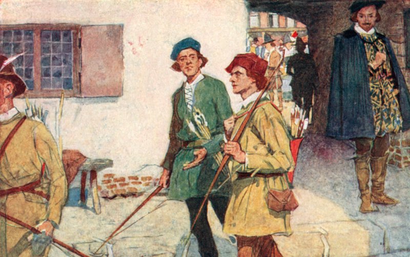 Shakespeare ziet een groep leerlingen met hun bogen en pijlen op weg naar het boogschietterrein in Moorfields, Londen door after William Hatherell