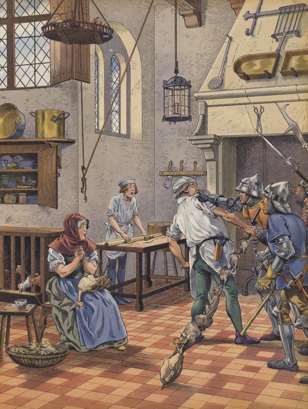 Een kok in zijn keuken gegrepen door gewapende mannen op verdenking van poging tot vergiftiging van de koning door pseudonym for Onfray de Breville Jacques Job