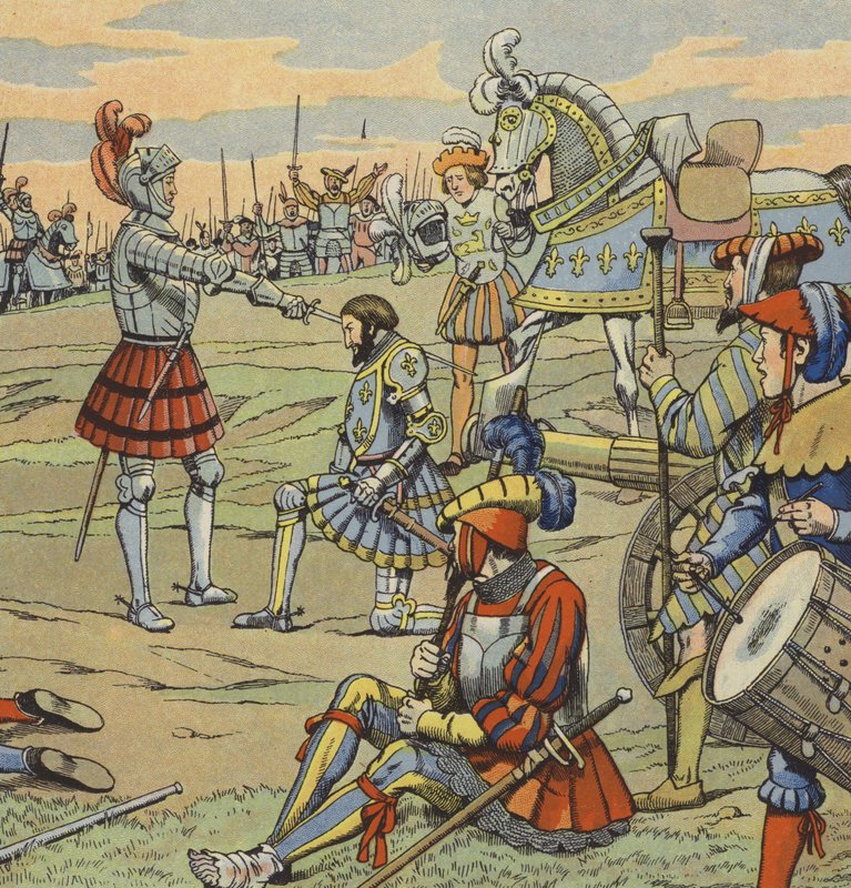 Koning Frans I van Frankrijk ontvangt zijn ridderschap van de Chevalier de Bayard na de Slag bij Marignano door pseudonym for Onfray de Breville Jacques Job