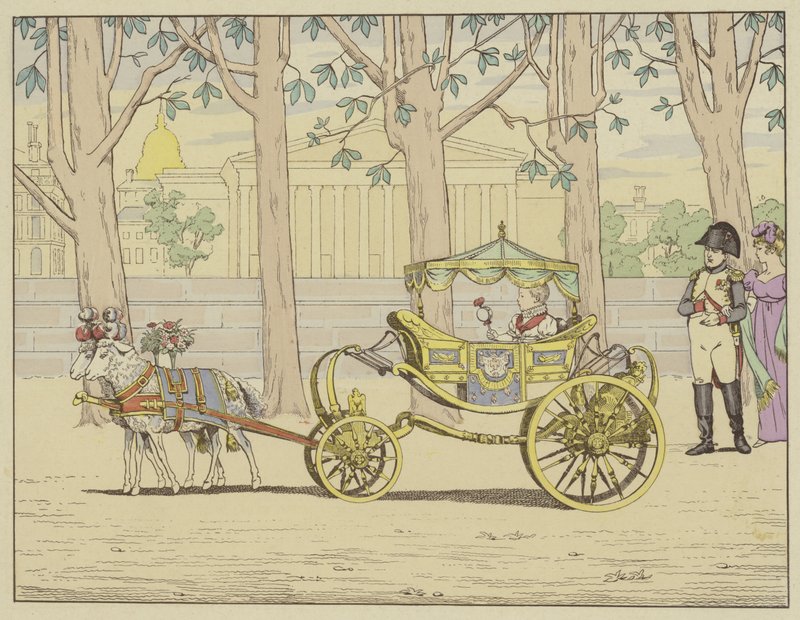 Meester van de wereld, hij is de gelukkigste vader. Napoleon kijkt toe hoe de koning van Italië zijn eerste stappen zet in een wagen getrokken door geiten door pseudonym for Onfray de Breville Jacques Job