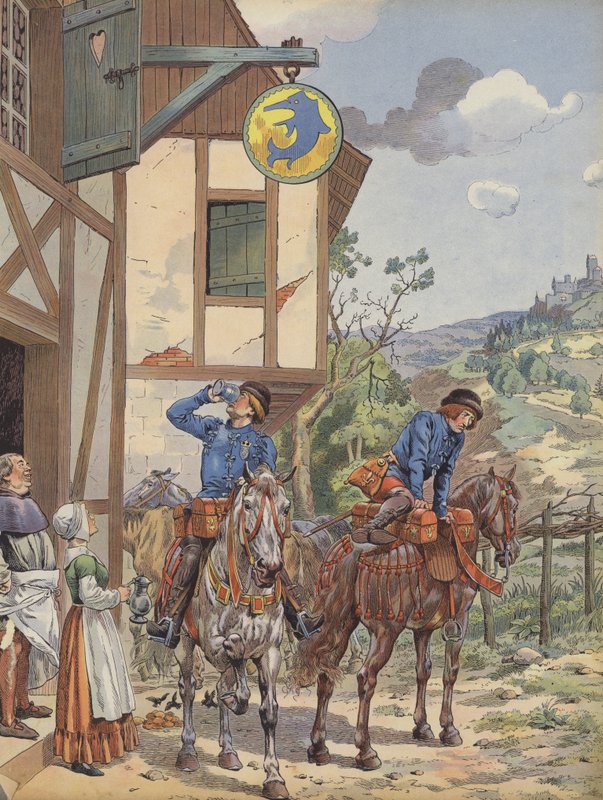 Boodschappers nemen verfrissing in een herberg langs de weg door pseudonym for Onfray de Breville Jacques Job