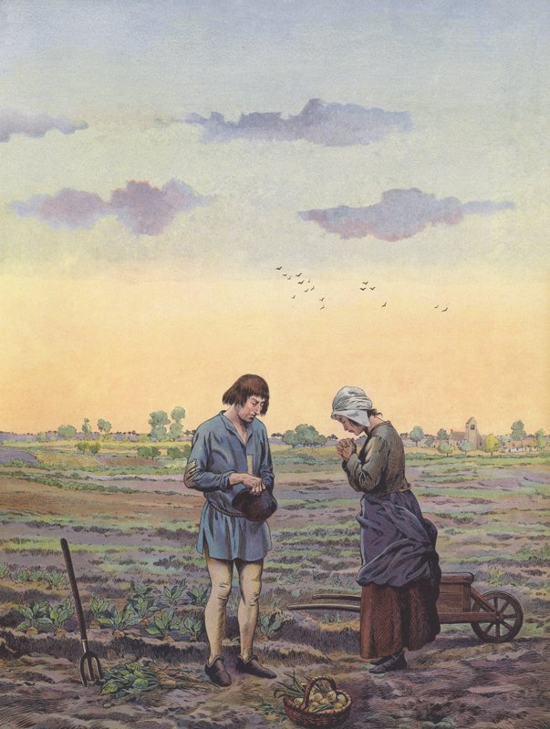 Boeren pauzeren van hun werk op het veld voor gebeden zoals bevolen door de koning door pseudonym for Onfray de Breville Jacques Job