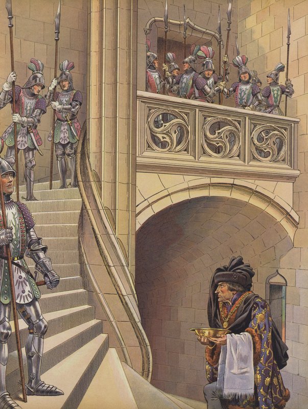 De barbier beklom de trap naar de kamer van de koning, langs de talrijke gewapende wachters (kleur litho) door pseudonym for Onfray de Breville Jacques Job