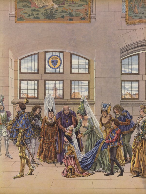 De driejarige Margaretha van Oostenrijk arriveert om te worden voorgesteld aan de Dauphin Charles, zoon van Koning Lodewijk XI van Frankrijk, als zijn toekomstige bruid door pseudonym for Onfray de Breville Jacques Job