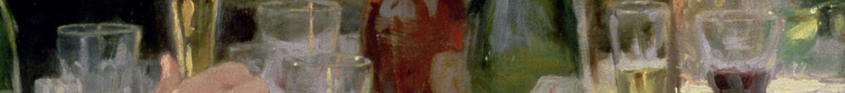 Hip Hip Hoera! Kunstenaarsfeest in Skagen, 1888 (Peder Severin Krøyer), Detail: Flaschen und Gläser auf weißem Tischtuch