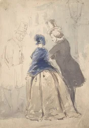 Straatscène uit Vanity Fair, met Amelia, George Osborne en Dobbin, 1800-1819