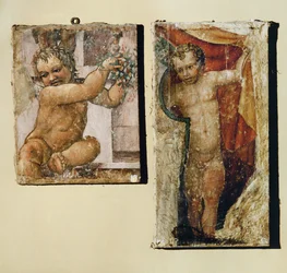 Putto met bloemen, putto met een gordijn