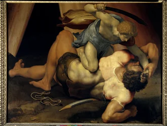 David en Goliath. Schilderij op dubbelzijdige leisteen van Daniele da Volterra (1509-1566), Italiaanse school, 16e eeuw, 1,33 x 1,72 m, Parijs, Musée du Louvre