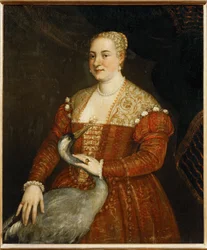 Portret van een dame met reiger (schilderij op doek)