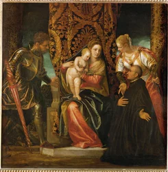 Heilige Maria en Jezus tussen Sint Joris en Sint Justinus met een knielende Benedictijner monnik ...